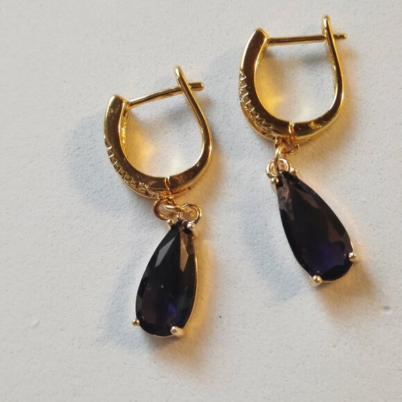 Brand New 24K Gold Color Plated & Dark Purple High Quality Earrings - Picture 2 of 3